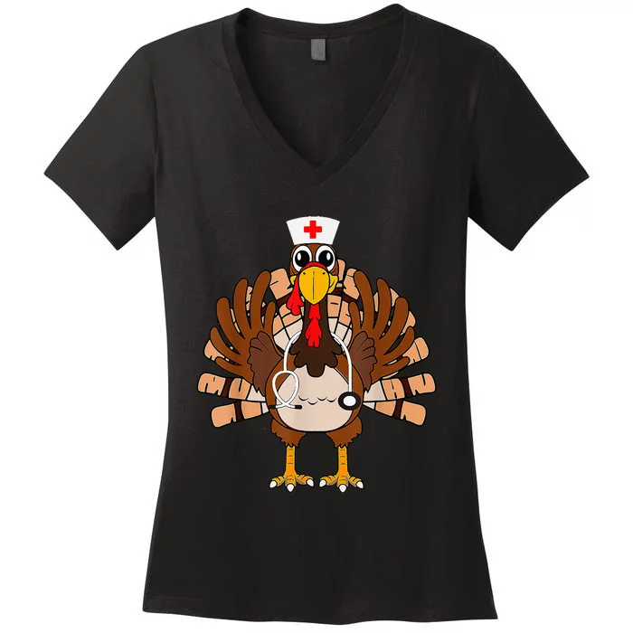 Thanksgiving Scrub Tops Turkey Nurse Holiday Nursing Women's V-Neck T-Shirt