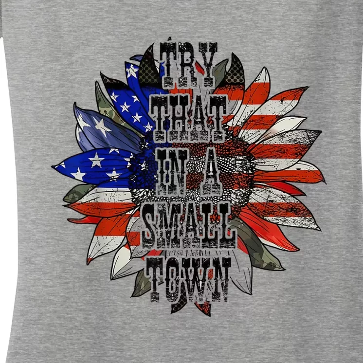 Try.ThatInASmallTown Sunflower US Flag Women's V-Neck T-Shirt