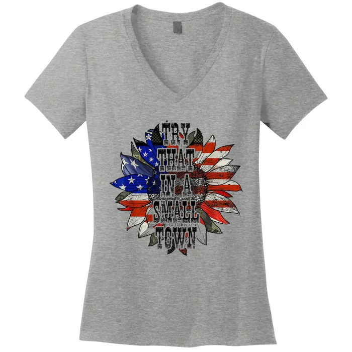 Try.ThatInASmallTown Sunflower US Flag Women's V-Neck T-Shirt