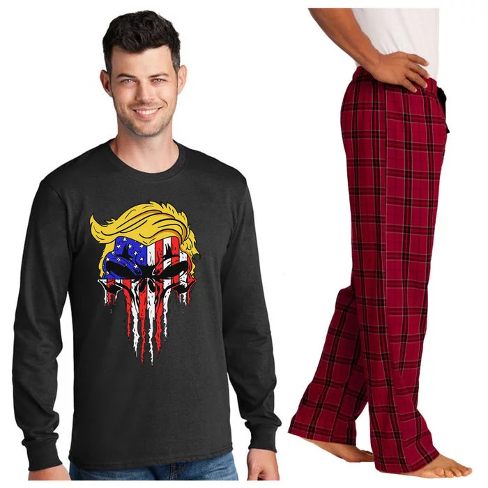 Trump Skull Usa Flag Hair Funny President Design Long Sleeve Pajama Set