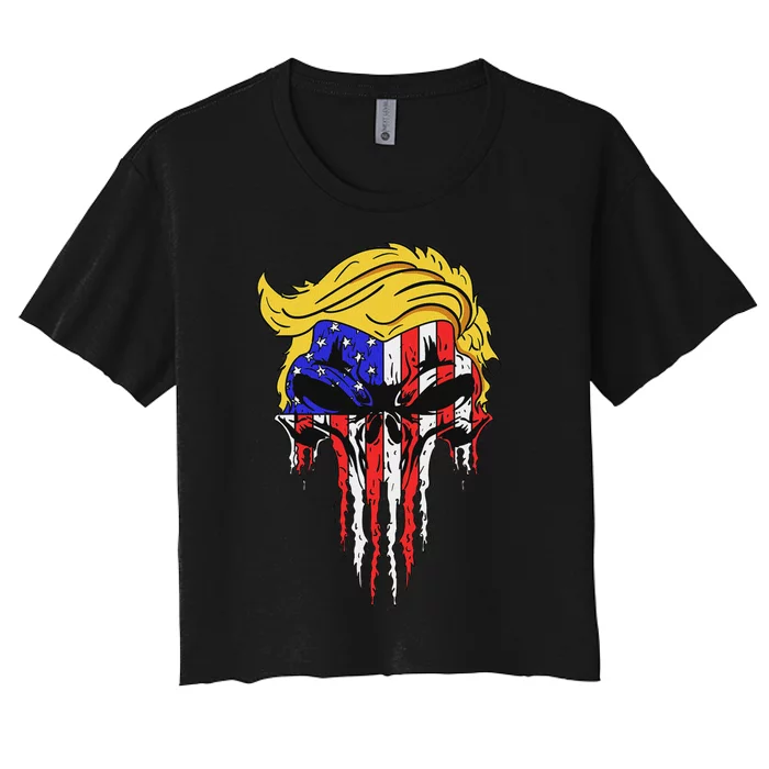 Trump Skull Usa Flag Hair Funny President Design Women's Crop Top Tee