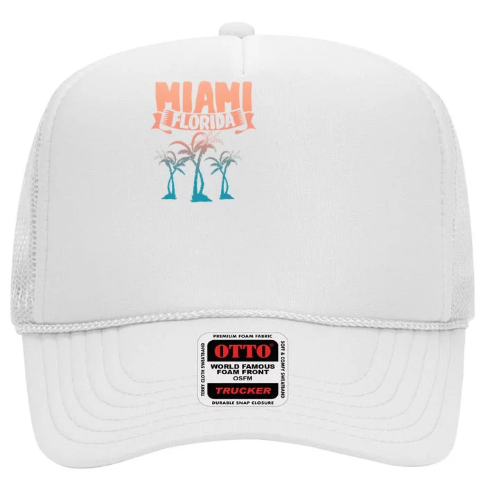 Tropical Summer Vacation Palm Trees Miami Beach Florida High Crown Mesh Trucker Hat