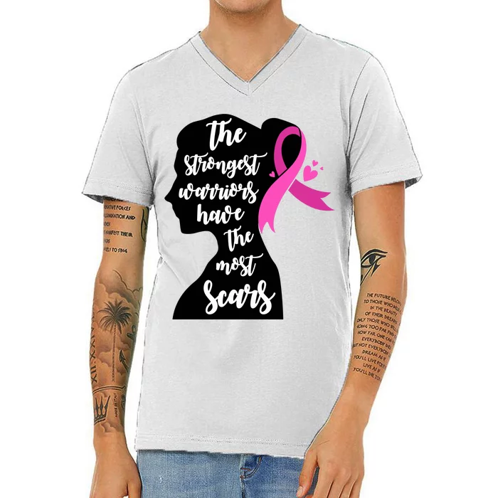 The Strongest Warriors Have The Most Scars Breast Cancer Awareness V-Neck T-Shirt