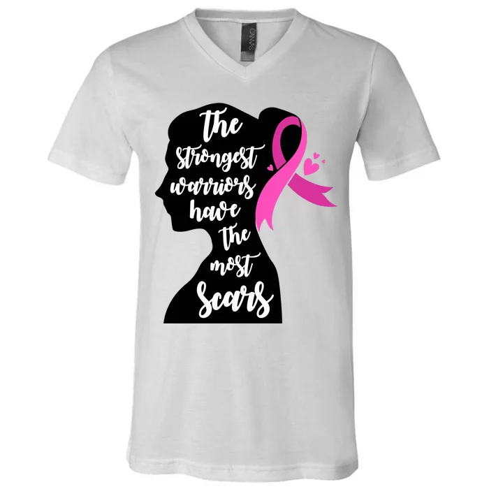 The Strongest Warriors Have The Most Scars Breast Cancer Awareness V-Neck T-Shirt