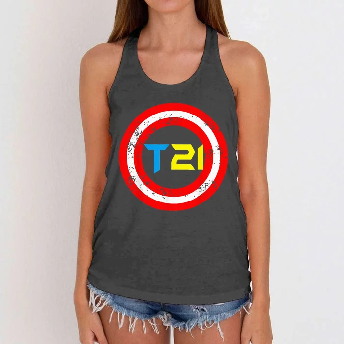 T21 Superhero World Down Syndrome Awareness Day Women's Knotted Racerback Tank