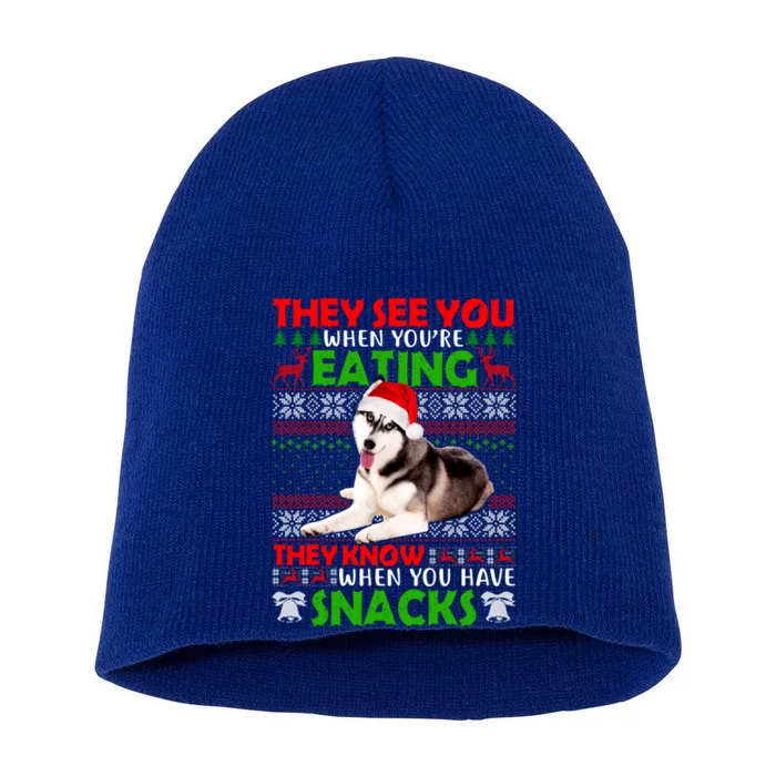 They See You When You're Eating Siberian Husky Ugly Xmas Cool Gift Short Acrylic Beanie