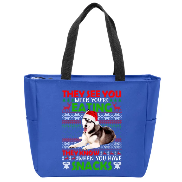 They See You When You're Eating Siberian Husky Ugly Xmas Cool Gift Zip Tote Bag