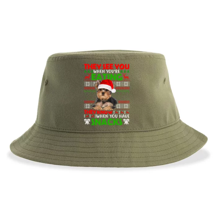 They See You When You're Eating Yorkshire Terrier Ugly Xmas Cool Gift Sustainable Bucket Hat