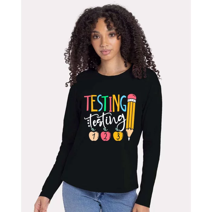 Testing Testing 123 Cute Rock The Test Day Teacher Student Womens Cotton Relaxed Long Sleeve T-Shirt