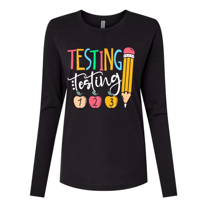 Testing Testing 123 Cute Rock The Test Day Teacher Student Womens Cotton Relaxed Long Sleeve T-Shirt