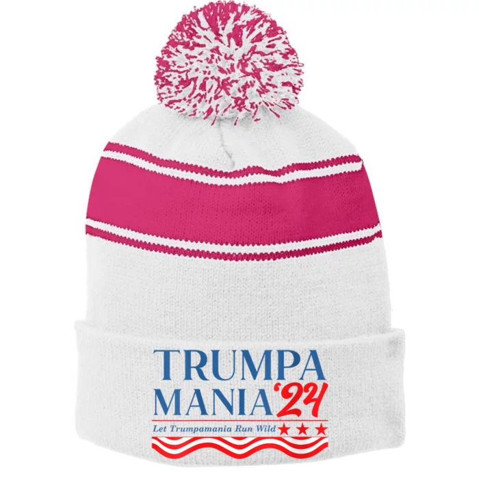 Trumpamania Trump 2024 Let “Trumpamania” Runs Wild Stripe Pom Pom Beanie