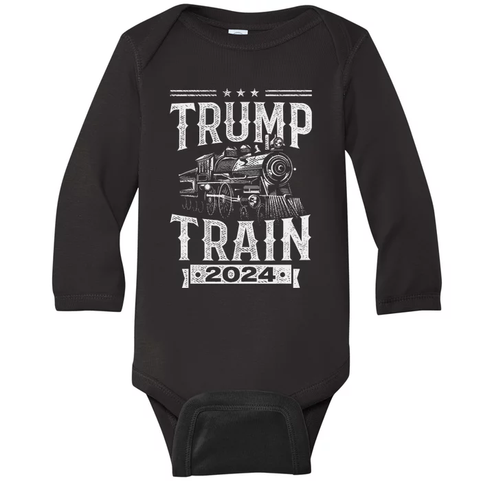 Trump Train 2024 Patriotic Election Design Baby Long Sleeve Bodysuit