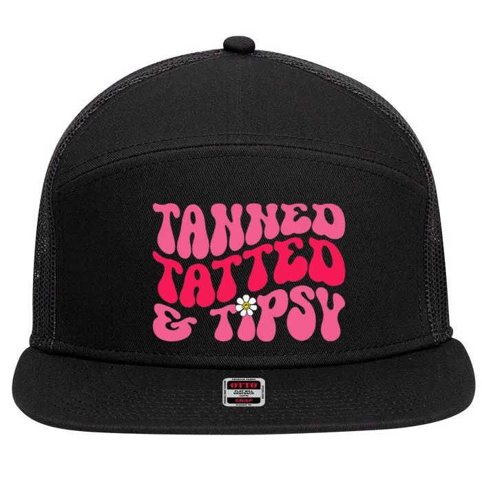 Tanned Tatted and Tipsy Groovy Retro Floral Vibes Summer 7 Panel Mesh Trucker Snapback Hat