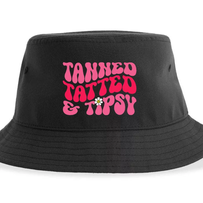 Tanned Tatted and Tipsy Groovy Retro Floral Vibes Summer Sustainable Bucket Hat