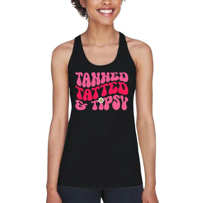 Tanned Tatted and Tipsy Groovy Retro Floral Vibes Summer Women's Racerback Tank