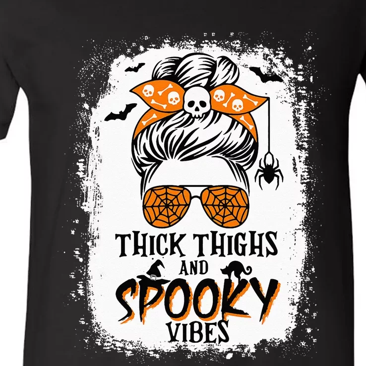 Thick Thighs And Spooky Vibes Halloween Messy Bun Funny V-Neck T-Shirt