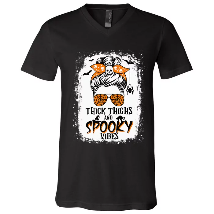 Thick Thighs And Spooky Vibes Halloween Messy Bun Funny V-Neck T-Shirt