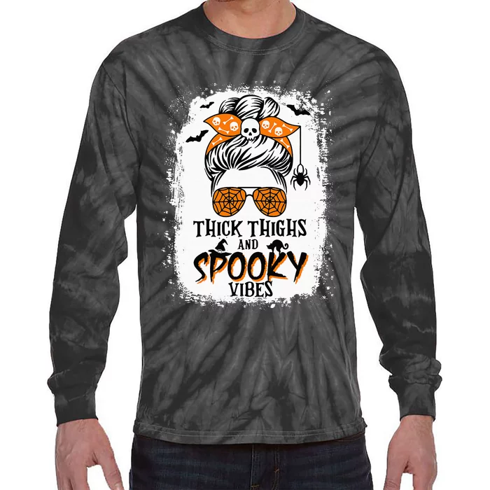 Thick Thighs And Spooky Vibes Halloween Messy Bun Funny Tie-Dye Long Sleeve Shirt