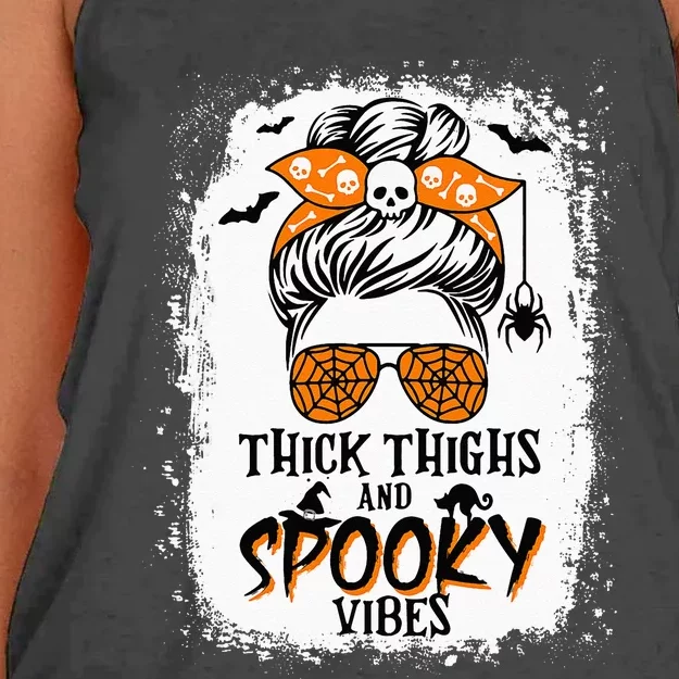 Thick Thighs And Spooky Vibes Halloween Messy Bun Funny Women's Knotted Racerback Tank