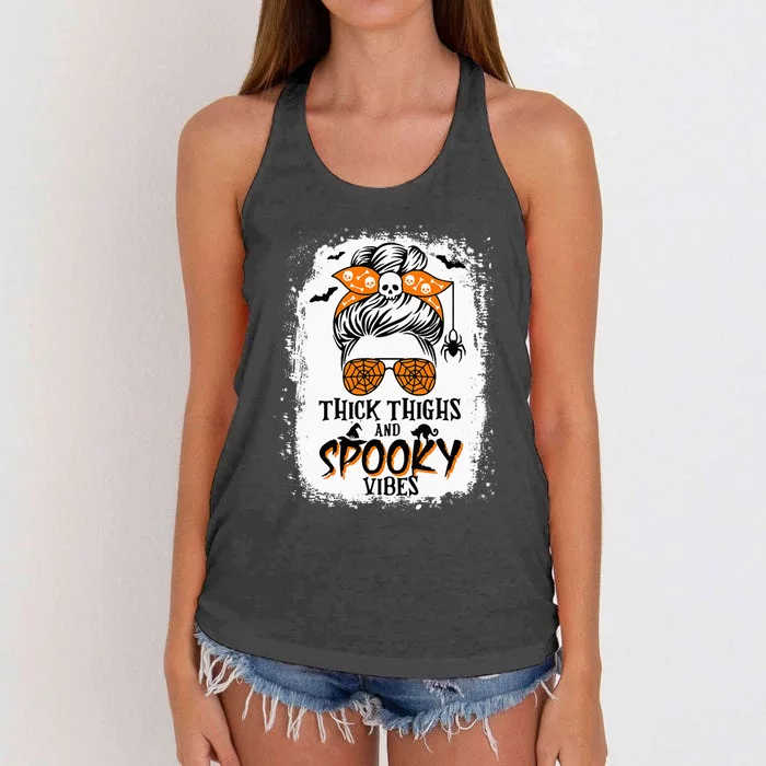 Thick Thighs And Spooky Vibes Halloween Messy Bun Funny Women's Knotted Racerback Tank