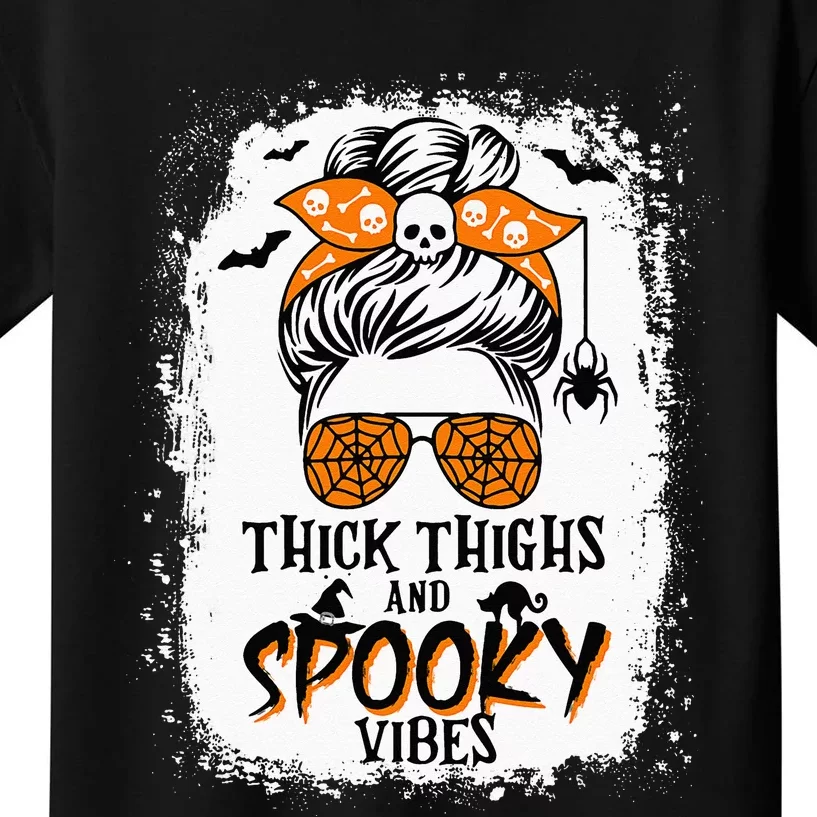 Thick Thighs And Spooky Vibes Halloween Messy Bun Funny Kids T-Shirt