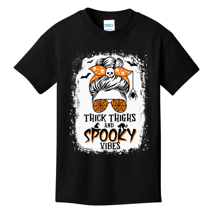 Thick Thighs And Spooky Vibes Halloween Messy Bun Funny Kids T-Shirt