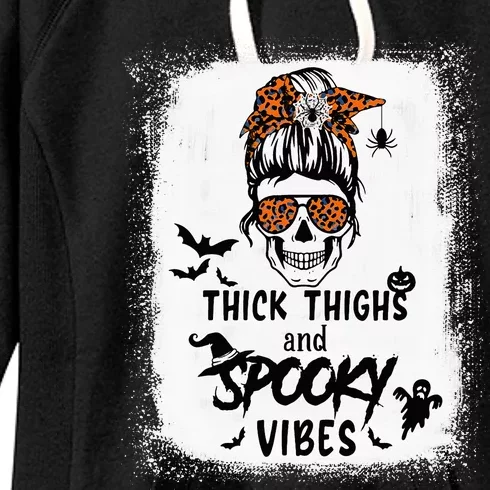 Thick Thighs And Spooky Vibes Bleached Messy Bun Skull Women's Fleece Hoodie