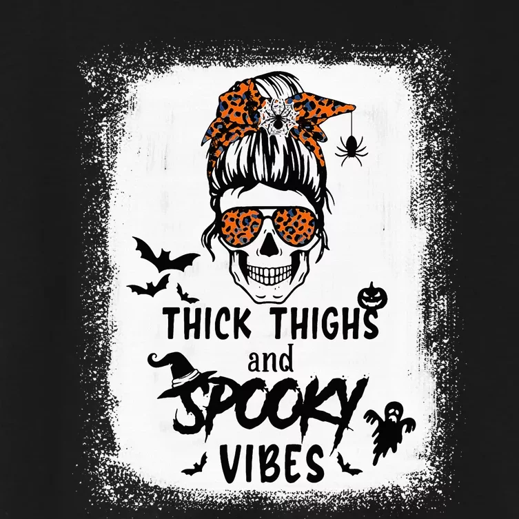 Thick Thighs And Spooky Vibes Bleached Messy Bun Skull Women's Crop Top Tee