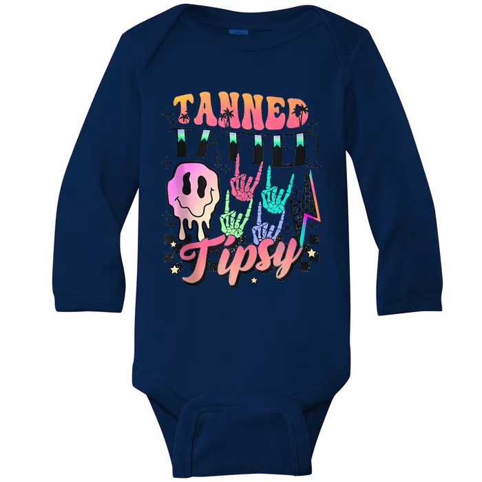 Tanned Tatted And Tipsy Groovy Hot Mom Beach Summer Vacation Baby Long Sleeve Bodysuit