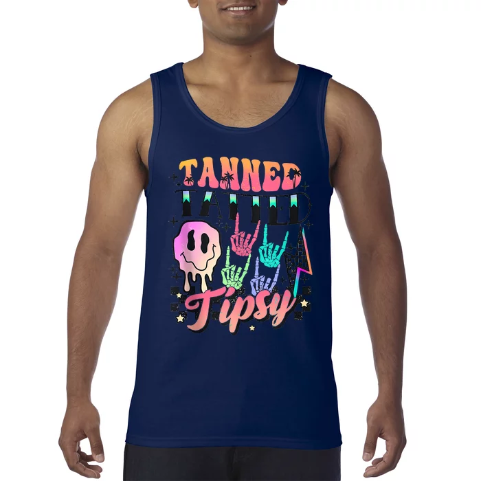 Tanned Tatted And Tipsy Groovy Hot Mom Beach Summer Vacation Tank Top