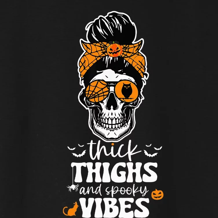 Thick Thighs and Spooky Vibes Messy Bun Girl Funny Halloween Women's Crop Top Tee