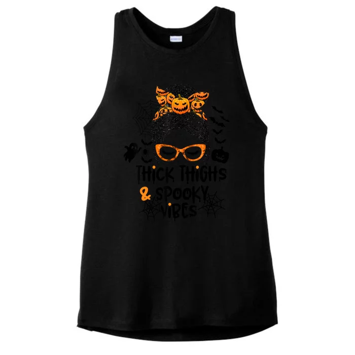 Thick Thighs And Spooky Vibes Messy Bun Girl Funny Halloween Ladies Tri-Blend Wicking Tank