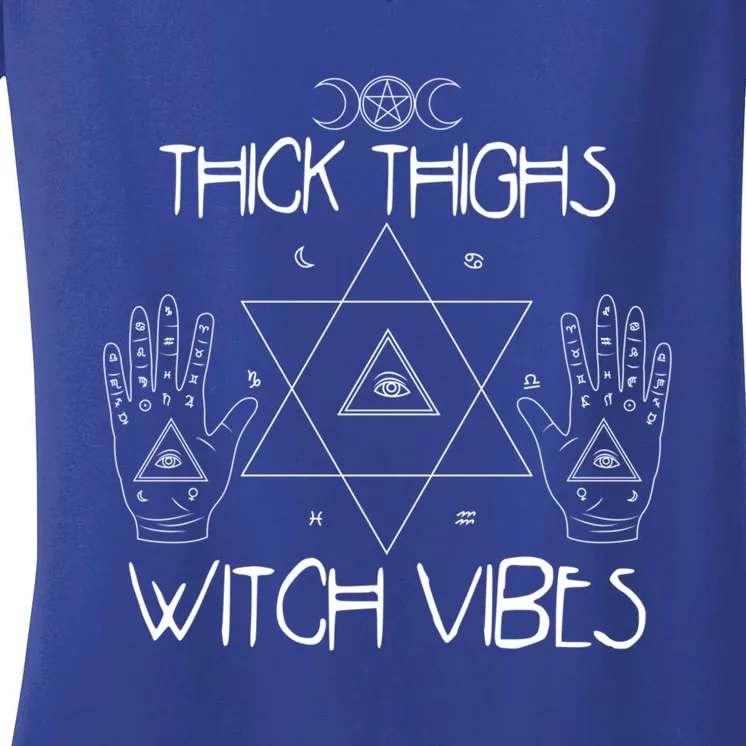 Thick Thighs And Witch Vibes Funny Halloween Witchcraft Great Gift Women's V-Neck T-Shirt