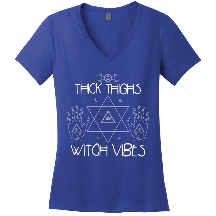 Thick Thighs And Witch Vibes Funny Halloween Witchcraft Great Gift Women's V-Neck T-Shirt