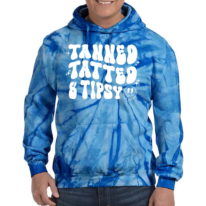 Tanned Tatted And Tipsy Groovy Beach Summer Vacation Gift Tie Dye Hoodie