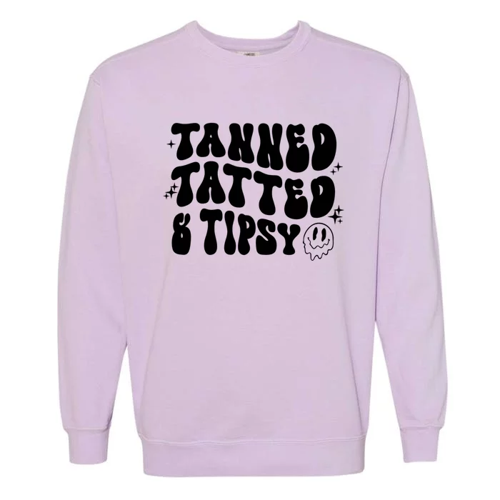 Tanned Tatted And Tipsy Groovy Beach Summer Vacation Gift Garment-Dyed Sweatshirt