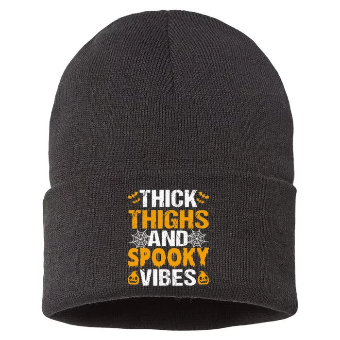 Thick Thighs And Spooky Vibes Funny Halloween Costume Sustainable Knit Beanie