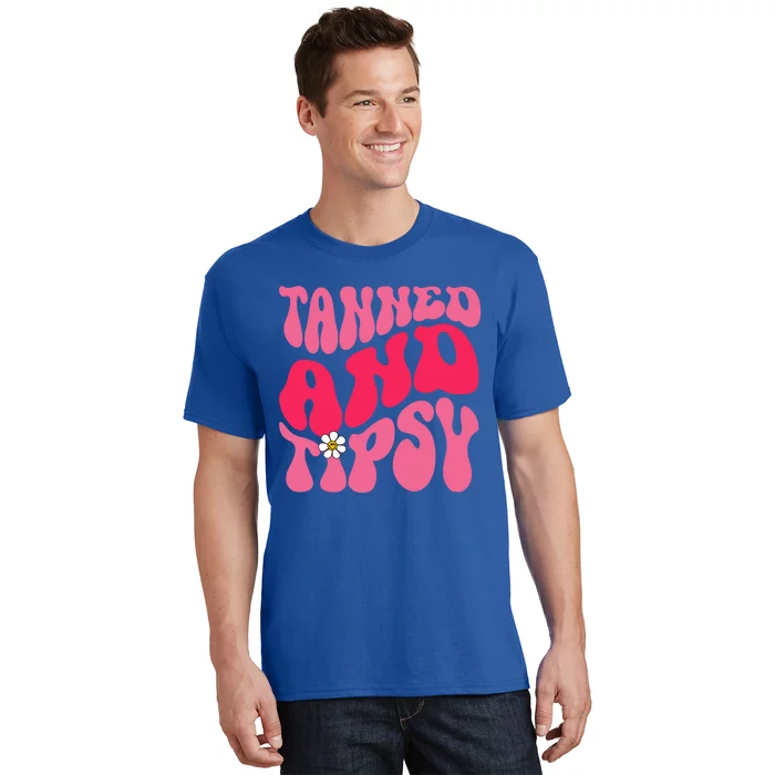 Tanned Tatted And Tipsy Summer Vibes Floral Groovy Hippie Funny Gift T-Shirt