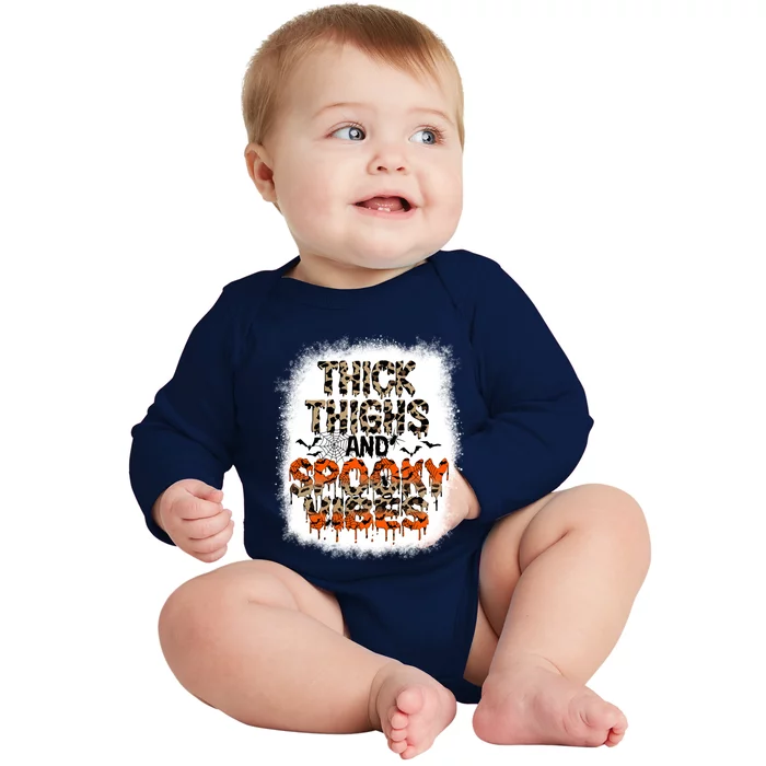 Thick Thighs And Spooky Vibes Halloween Leopard Print Cool Gift Baby Long Sleeve Bodysuit