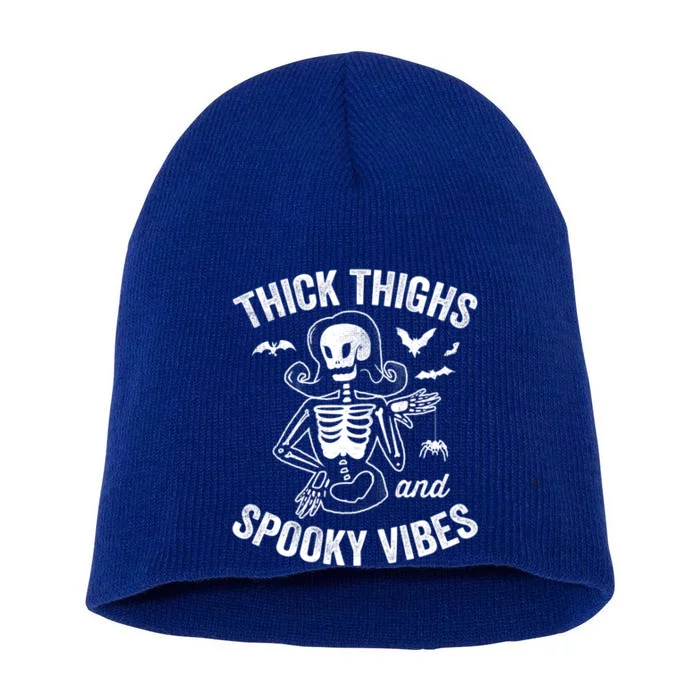 Thick Thighs And Spooky Vibes Lady Skeleton Halloween Cool Gift Short Acrylic Beanie