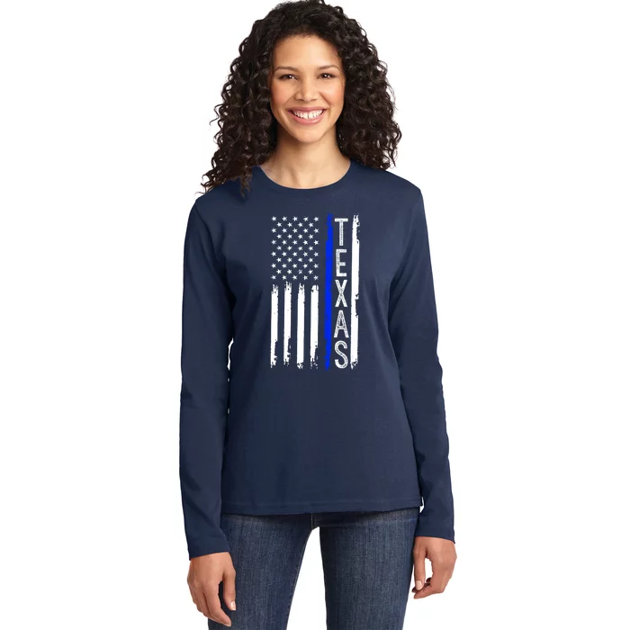 Texas Thin Blue Line Flag Police Design Ladies Long Sleeve Shirt