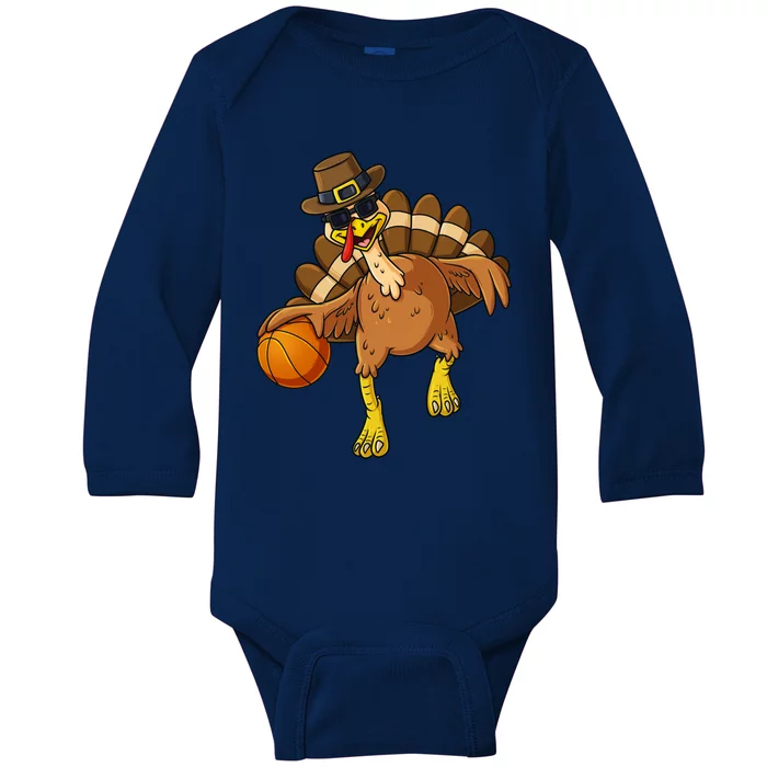 Thanksgiving Turkey Basketball Player Funny Boys Girls Gift Baby Long Sleeve Bodysuit