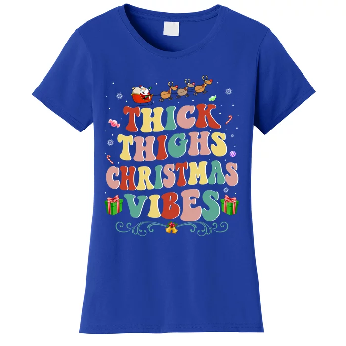 Thick Thighs Christmas Vibes Retro Santa Groovy Xmas Hippie Gift Women's T-Shirt