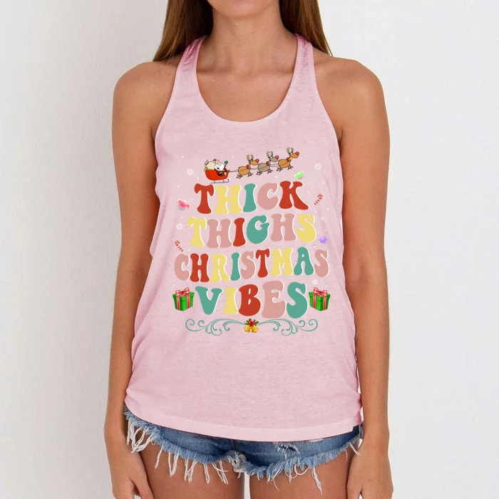 Thick Thighs Christmas Vibes Retro Santa Groovy Xmas Hippie Gift Women's Knotted Racerback Tank