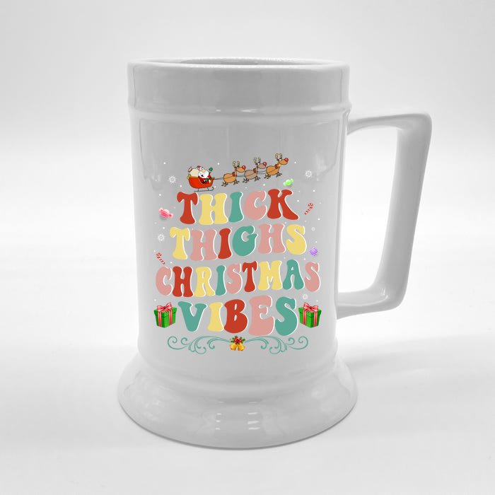 Thick Thighs Christmas Vibes Retro Santa Groovy Xmas Hippie Gift Front & Back Beer Stein