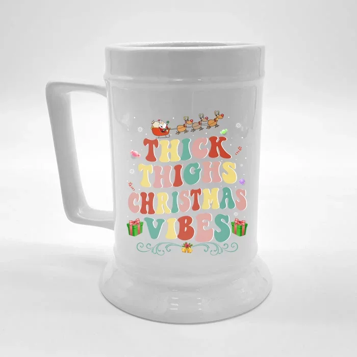 Thick Thighs Christmas Vibes Retro Santa Groovy Xmas Hippie Gift Front & Back Beer Stein