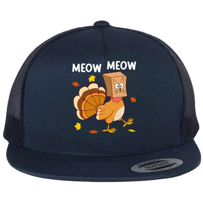 Thanksgiving Turkey Cat Meow Funny Thanksgiving Flat Bill Trucker Hat