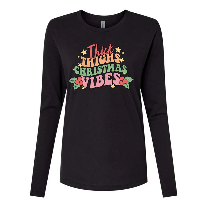 Thick Thighs Christmas Vibes Retro Holiday Funny Womens Cotton Relaxed Long Sleeve T-Shirt