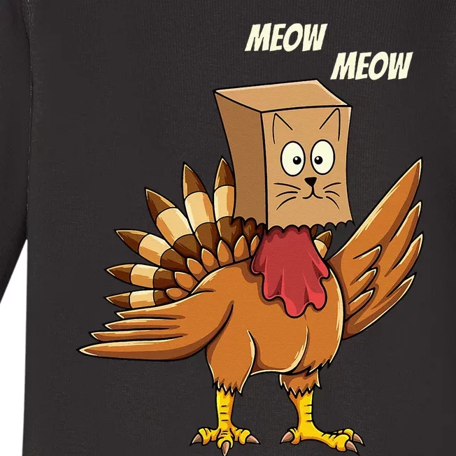 Thanksgiving Turkey Cat Meow Funny Thanksgiving Baby Long Sleeve Bodysuit