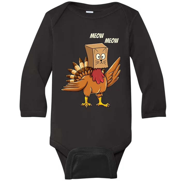 Thanksgiving Turkey Cat Meow Funny Thanksgiving Baby Long Sleeve Bodysuit